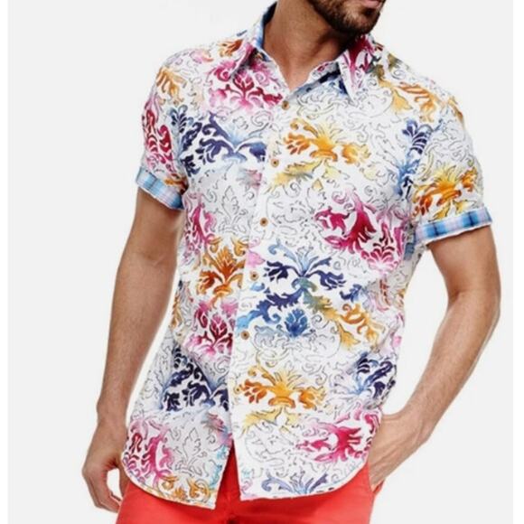 Robert Graham Sea of Cortez Linen Fleur De Lis Short Sleeve Men's Size Large - Picture 1 of 6